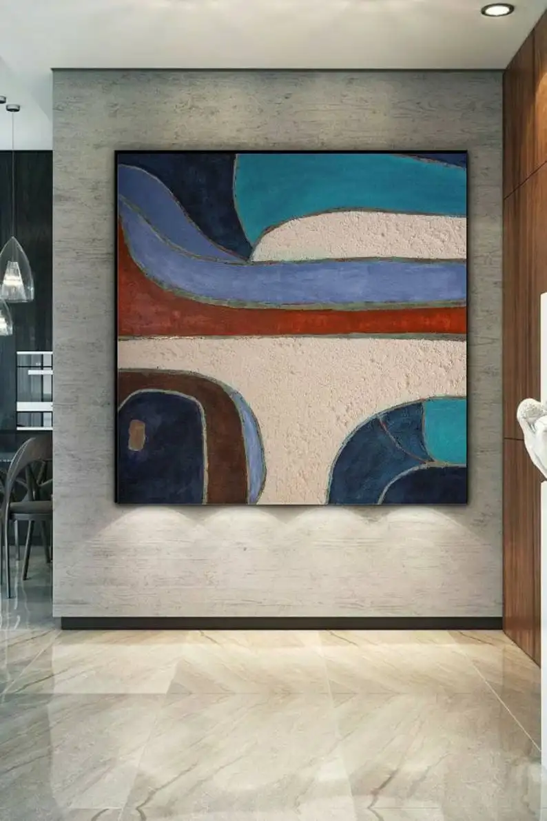 

Картина на холсте, картина середины века, синяя и белая картина, бирюзовая картина, абстрактная Геометрическая современная живопись, тексту...