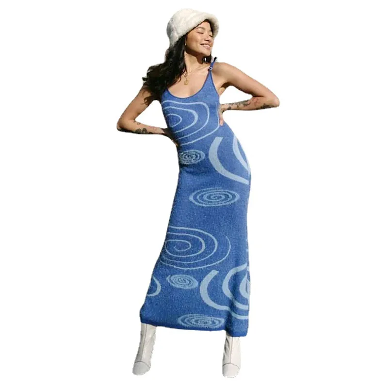 

Summer Dress 2021 Print Knit Bodycon Women Green Y2K Summer Hollow Out Sexy Sleeveless Spaghetti Strap Beach Midi Dresses Party