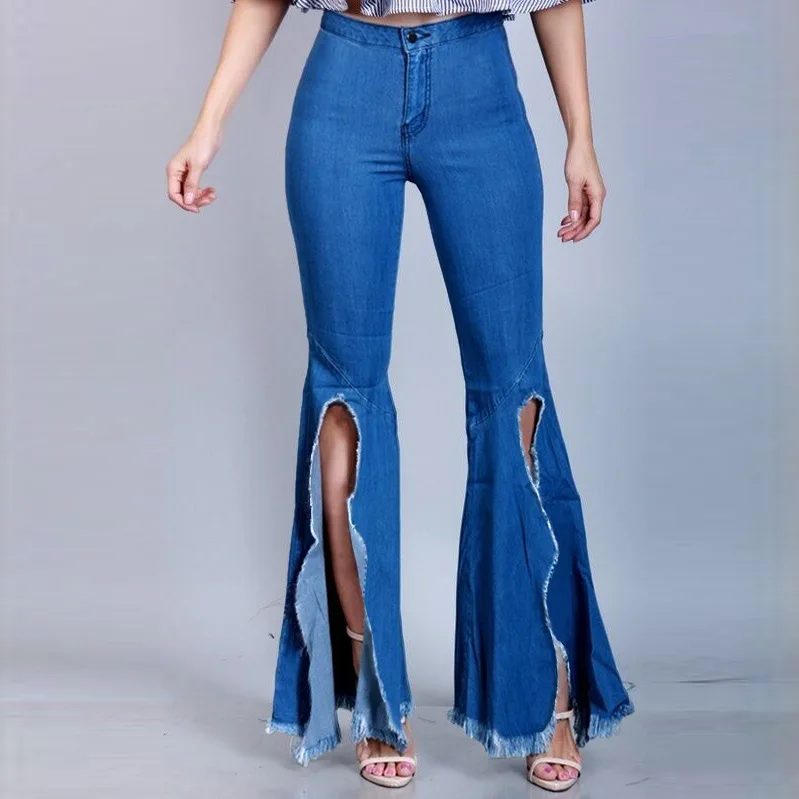 

2020 European American fashion hot sale wild dark blue wide-legged trousers slim-fit denim stretch flared pants women jeans