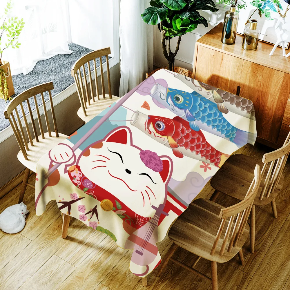 Скатерть с изображением из мультфильма Lucky Cat and Fish водонепроницаемая скатерть