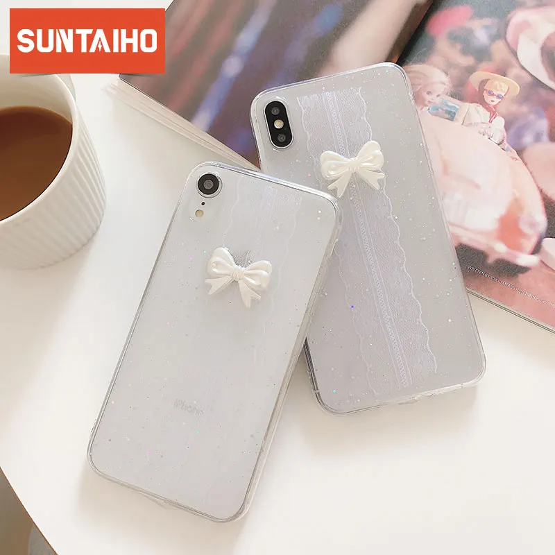 Роскошный чехол с кружевным бантом для iPhone XS MAX прозрачный мягкий из ТПУ 8 7 Plus 6 6S XR