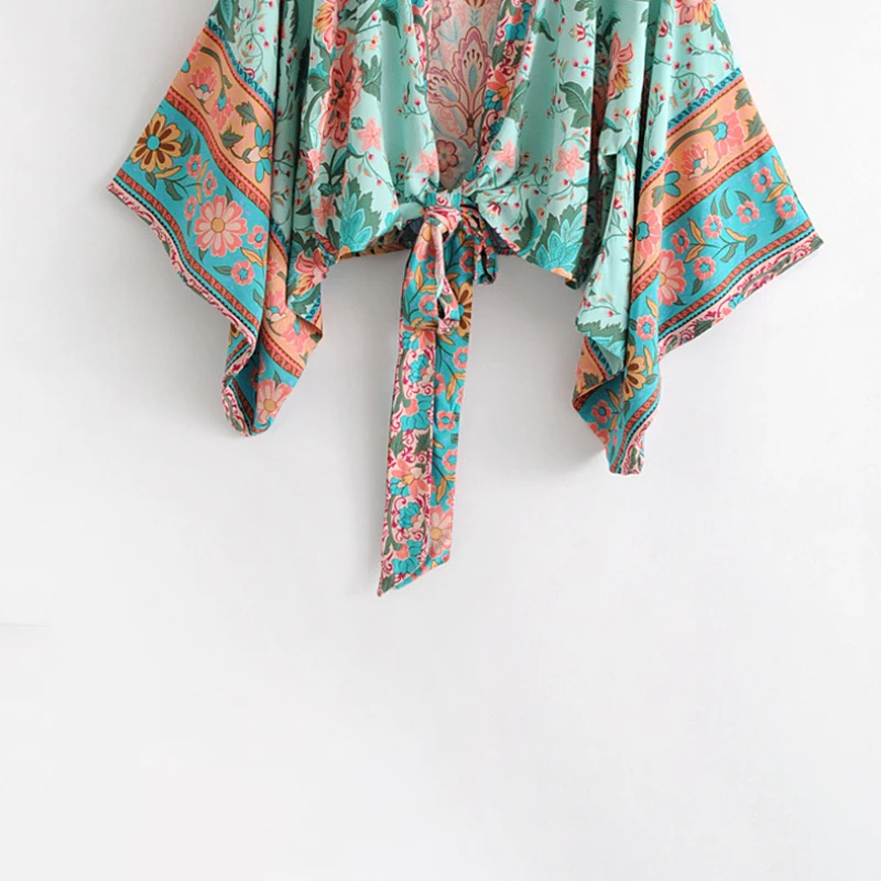 Женское Короткое Кимоно Boho винтажное кимоно с цветочным принтом и поясом новинка