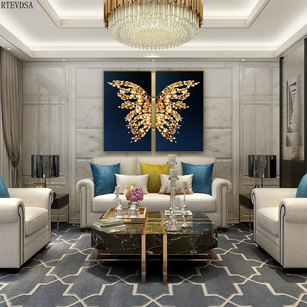 

Nordic golden oil painting, golden butterfly image on the wall, modern style poster, living room bedroom wall decoration