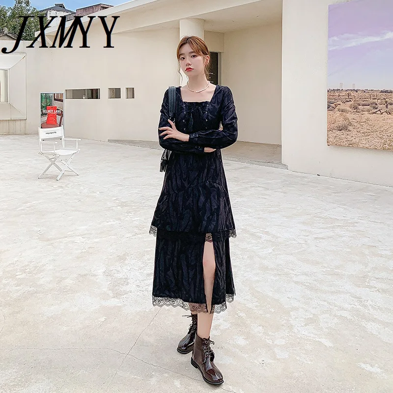JXMYY Elegant Temperament Dress 2021 Fashion New Female Tie-Dye With Lace Little Black Cold Wind High-End Long Skirt | Женская одежда