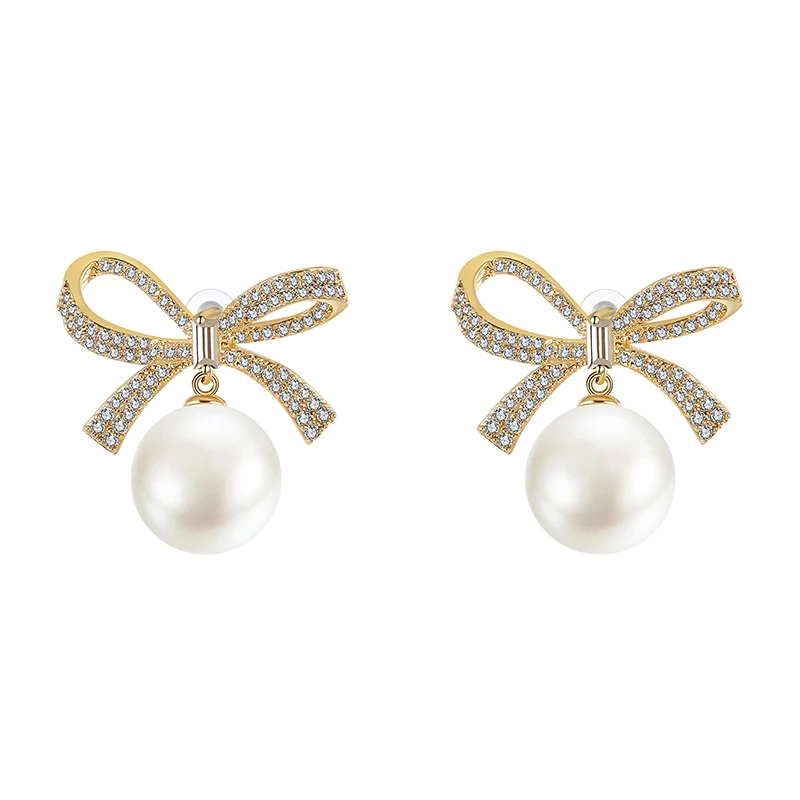 

New Luxury Zircon S 925 Bowknot Dangle Pearl Earrings Korean Drop Earrings for Women Gold Female Earing 2021 New Wedding Jewelry