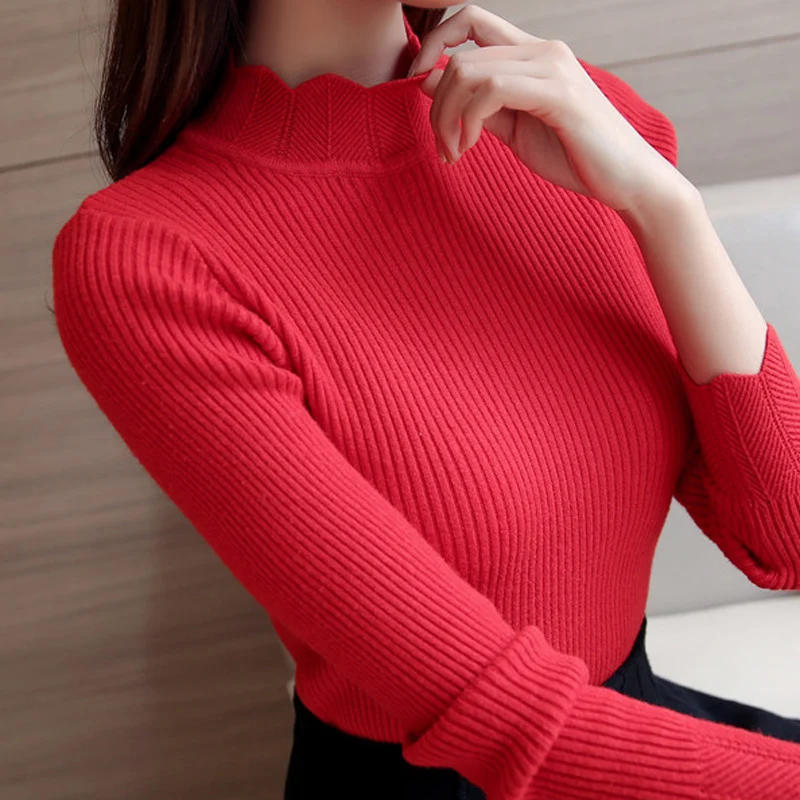 

Sexy Elastic Sweaters Women Tops Korean Women Sweaters and Pullovers Ruffled Sleeve Turtleneck Solid Slim