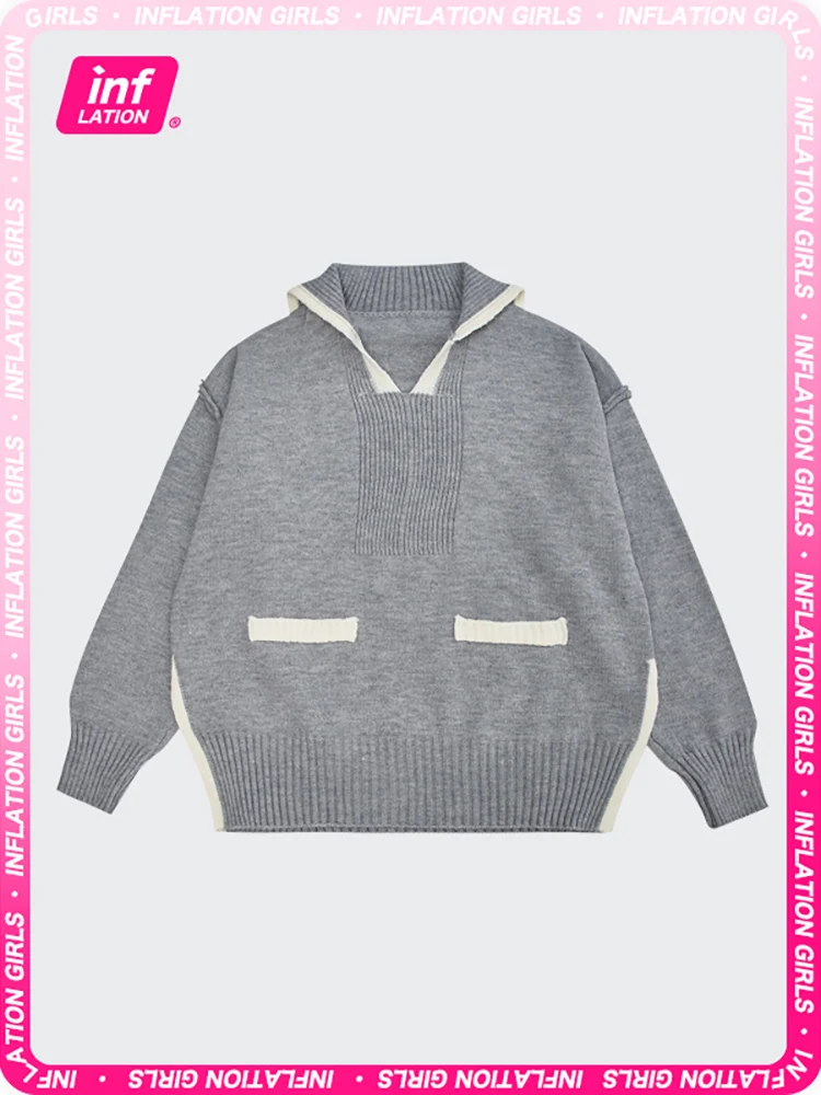 

INFLATION Knitted Sweater Tops Women Autumn Winter Elegant Turn Down Collar Pullovers Female Loose Fit Sweater 38207GW21