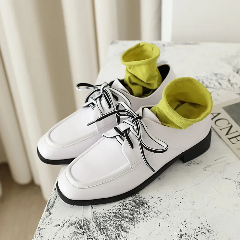 

Women Oxford Shoes New 2022 Spring Cross-tied Whiter Black Woman Pumps Low Heels Casual Preppy Style Campus Shoes Large Size 44