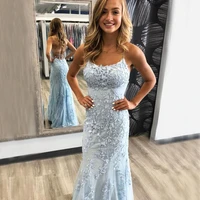 scoop simple women sexy straps open back tail party dress long plus size light blue lace evening dress mermaid prom gown