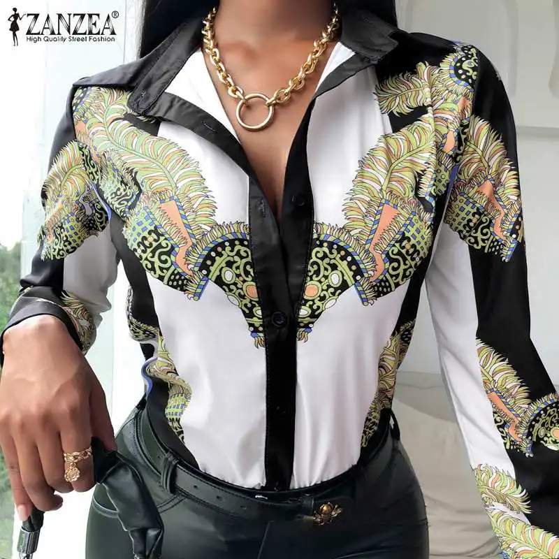 

Fashion Women's Printed Shirts Office Lady 2021 Spring Autumn Long Sleeve Tops ZANZEA Casual Female Lapel Oversized Loose Blusas