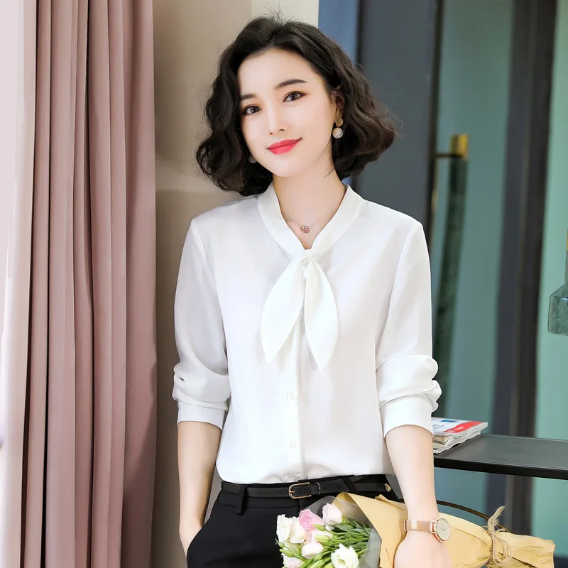 Dushicolorful  Women's Blouse Long Sleeve White Blue Elegant Bow Tie Office Lady Work Wear Shirt Formal Tops Plus Size 4xl