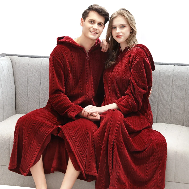 

Long Hooded Zipper Bathrobe for Womens Flannel Fleece Robes Winter Warm Housecoat Nightgown Sleepwear Mens Pajamas Dressing Gown