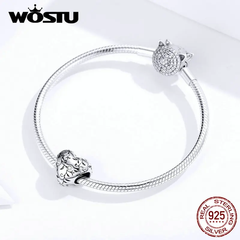 Бусины-шармы WOSTU из серебра 925 пробы в виде сердца цветка ретро-узоры для браслета