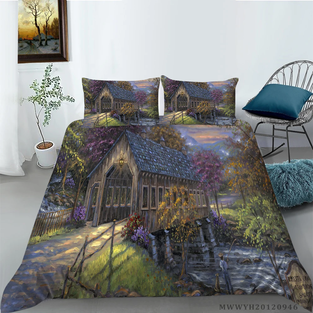 

Wooden House in the deep Forest Water color Printing Duvet cover set with pillowcases Bedroom Decor Bed Linen Set