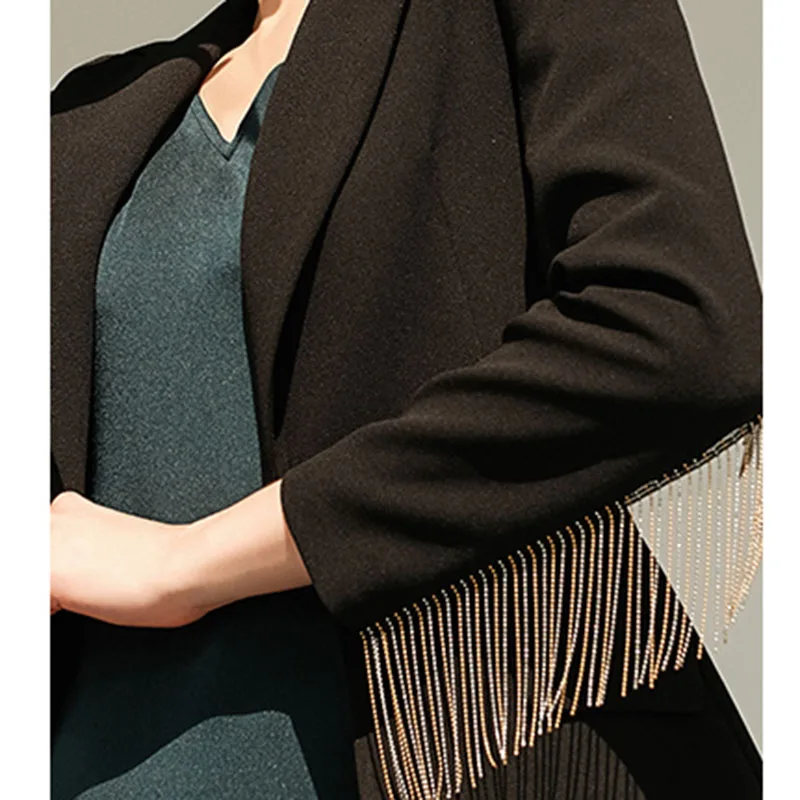 

HARLEYFASHION Original Design Luxuious Quality Office Women Blazer Notch Single Button Long Sleeve Slim Tassel Suit Jacket