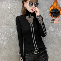 autumn and winter high collar lace cut out with diamond foreign style slim fit womens t shirt long sleeve womens top