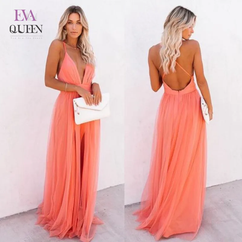 

EvaQueen Mesh Solid Ruched Maxi Dress For Women Backless Lace Up Elegant Date Vestidos V Neck High Waist Sexy Club Loose Dresses