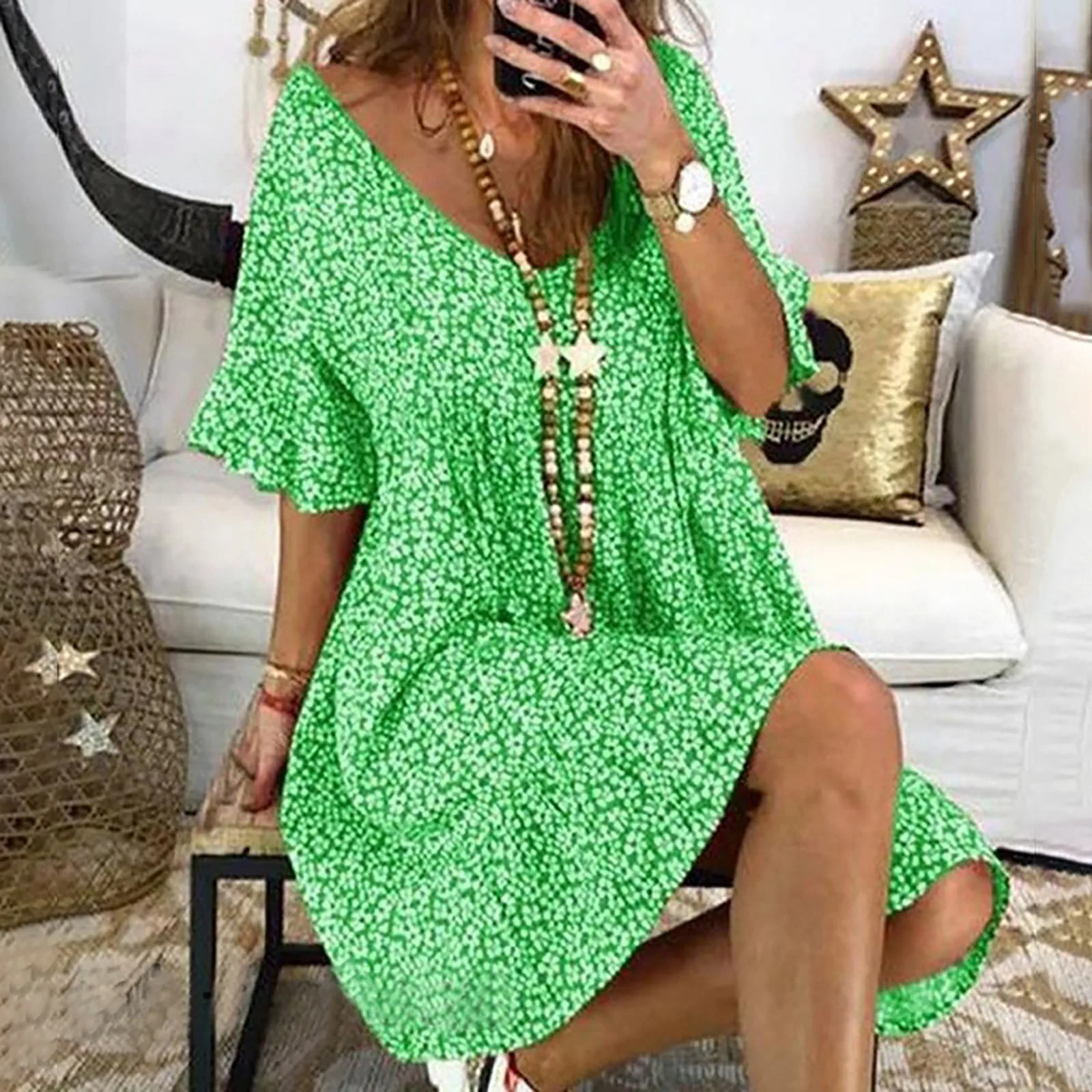 

Vintage Women Floral Print Flare Sleeve Holiday Beach Bohemian Mini Dresses Ladies Loose V-Neck Casual Boho Dress Femme Vestidos
