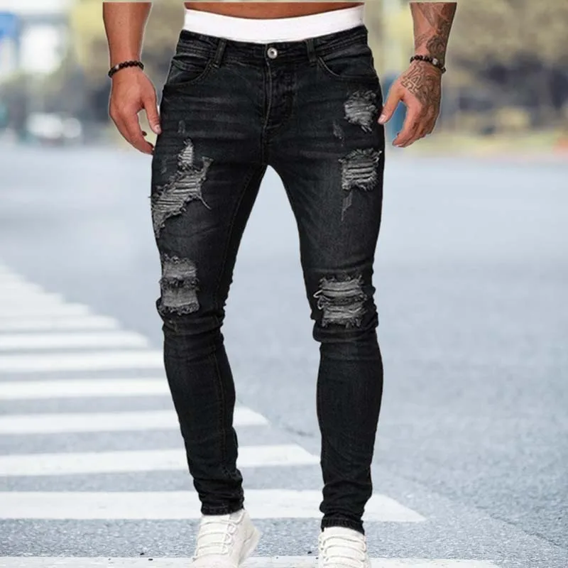 Джинсы мужские рваные в стиле хип-хоп, повседневные зауженные брюки из денима с дырками, модные джоггеры, черные, лето 2021