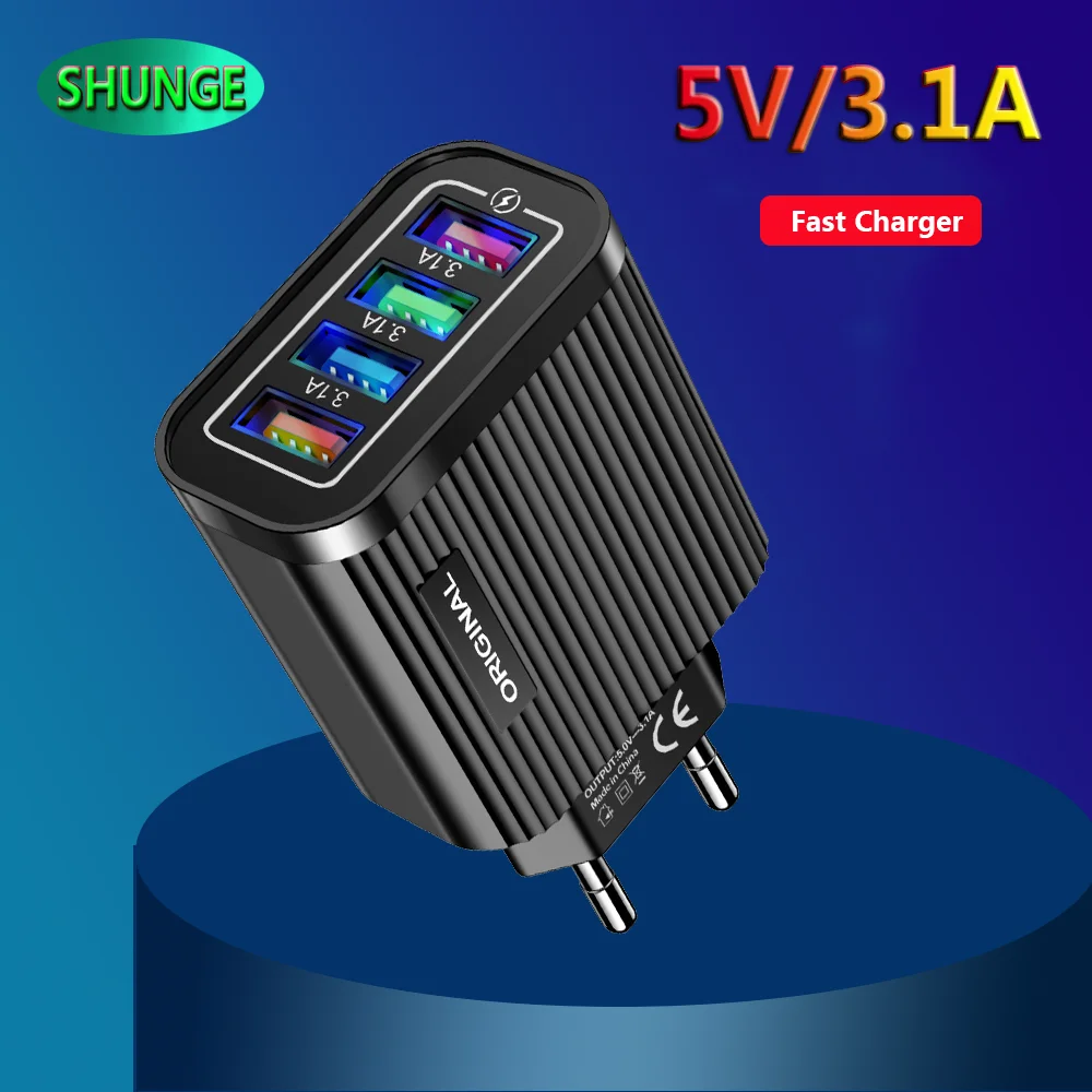 

LED Stripes 4USB Fast Charger Wall Charge Mobil Phone Chargers EU Universal Travel Portable Quick Charging Adapter For Samsung