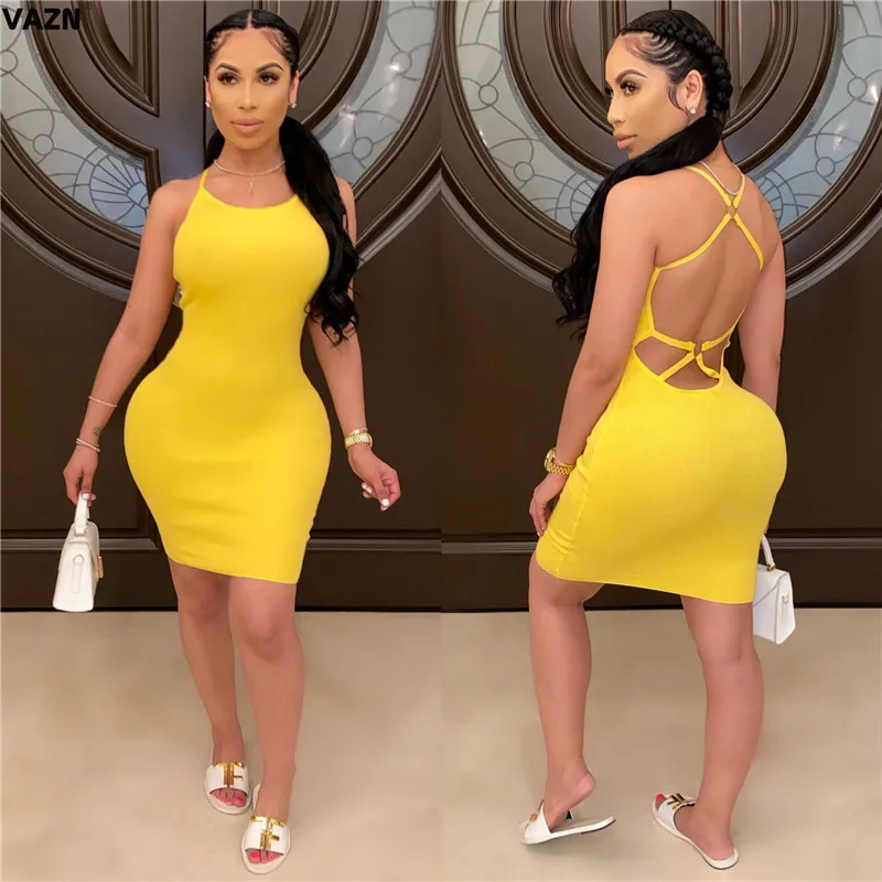 VAZN 2020 Spaghetti Strap Stretchy Package Hip Bodycon Mini Hollow Out Dress Elegant Holiday Young dress Women | Женская одежда