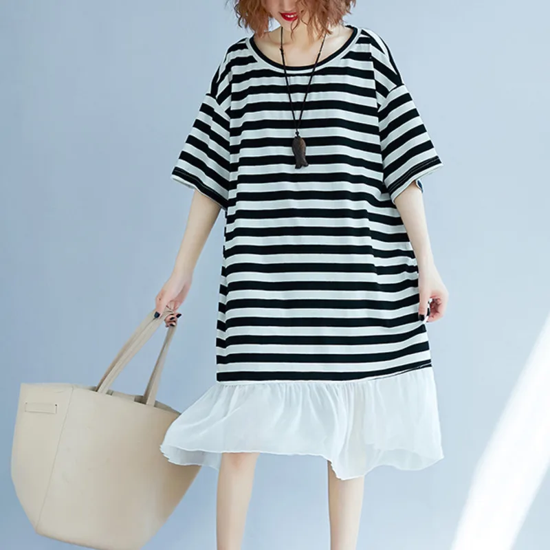 #0135 летнее черно-белое платье-футболка в полоску женское шифоновое свободное