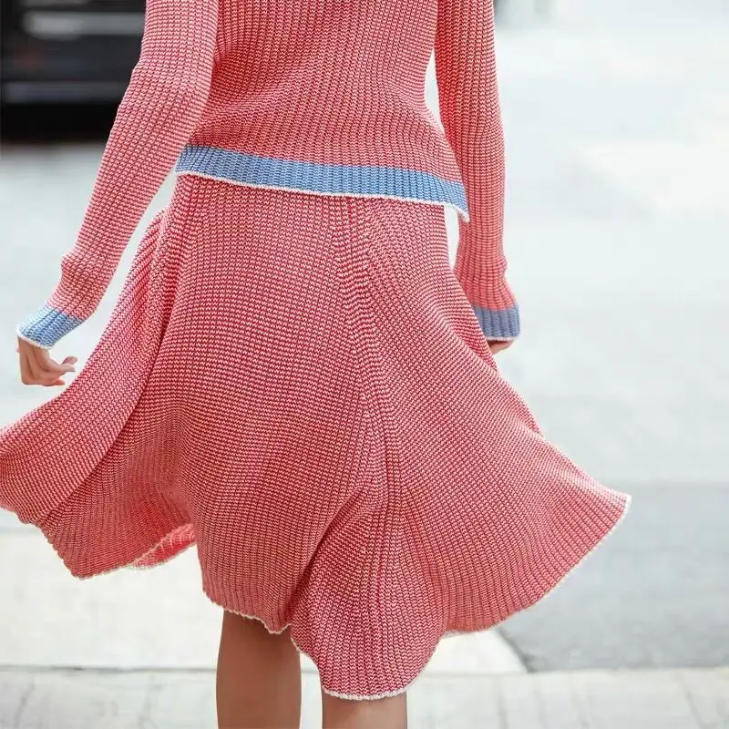 2019 женский свитер костюмы 2 шт уличный модный пуловер + юбка-зонтик контрастный