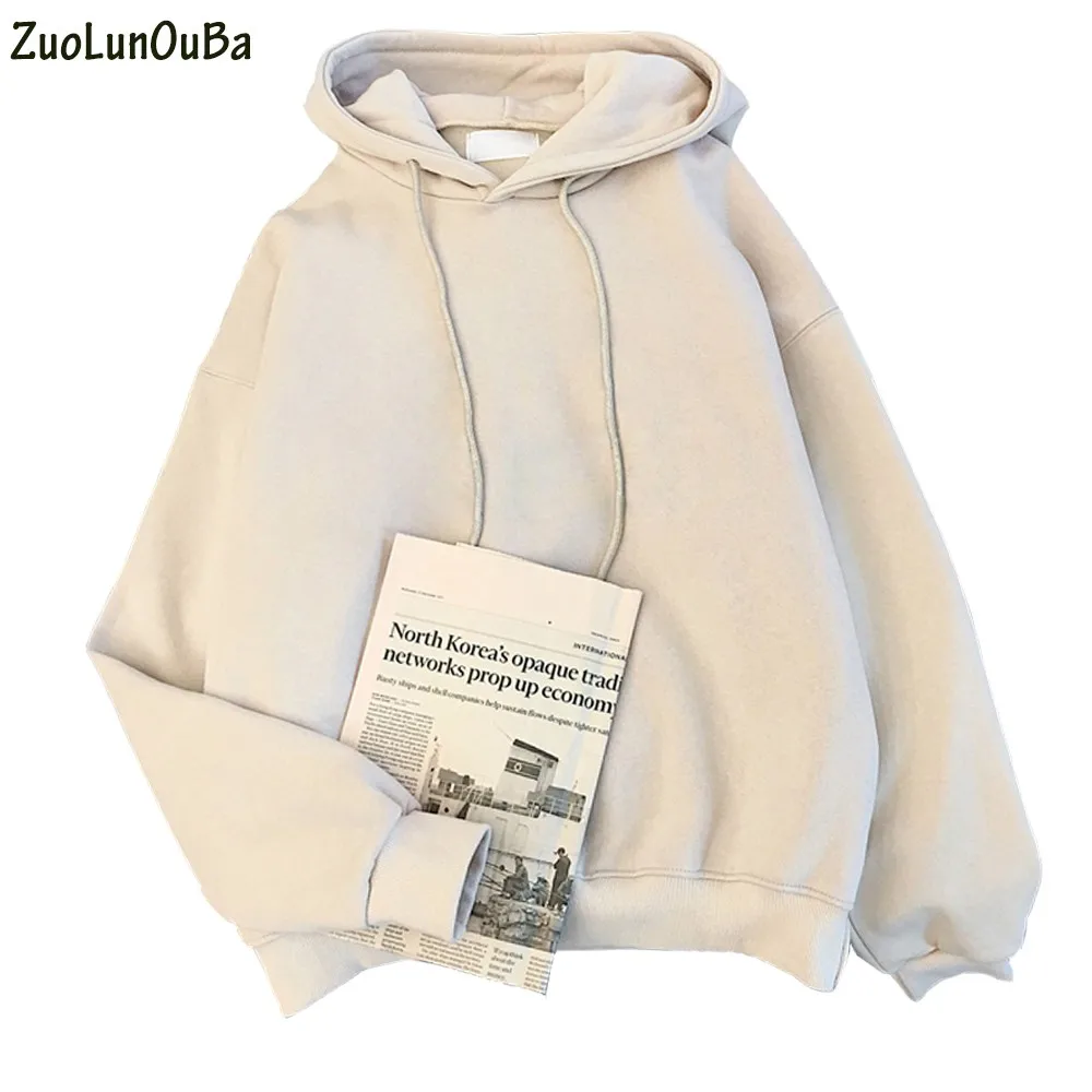 

Autumn Winter Women Casual Solid Color Hoodie Sweatshirt Fleece Long-sleeved Pullover Beige Loose Tops Coat Women