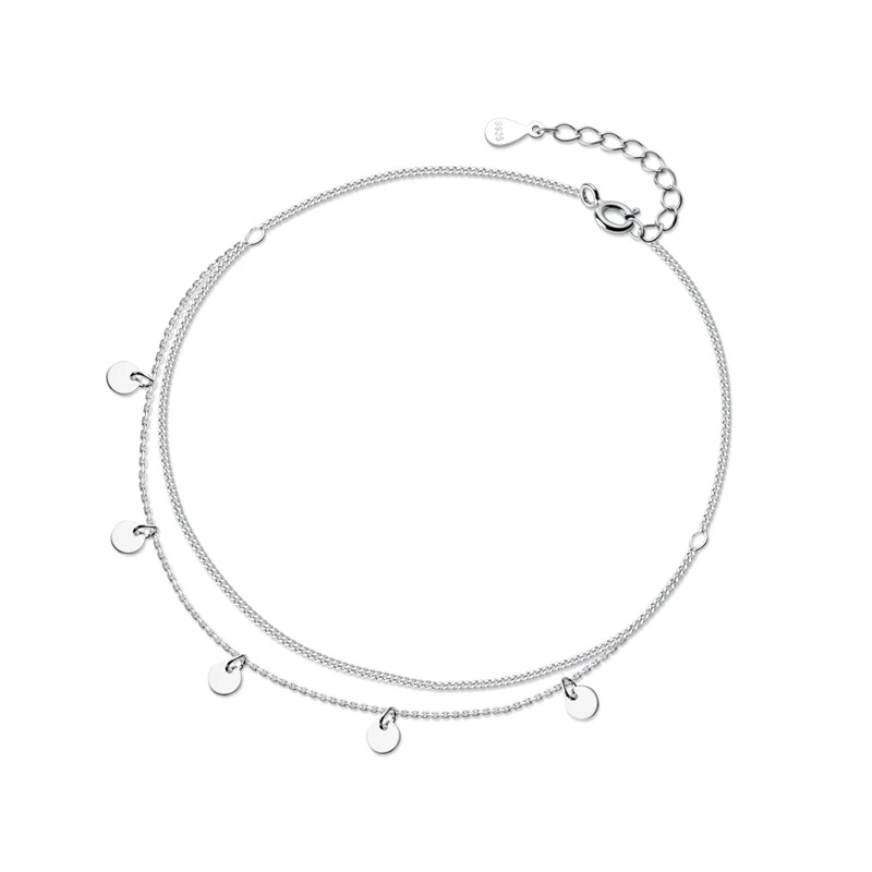 

925 Sterling Silver Fashion Sweet Double Layer Round Wafer Chain Anklets For Women Valentine's Day Gift Jewelry Drop Shipping