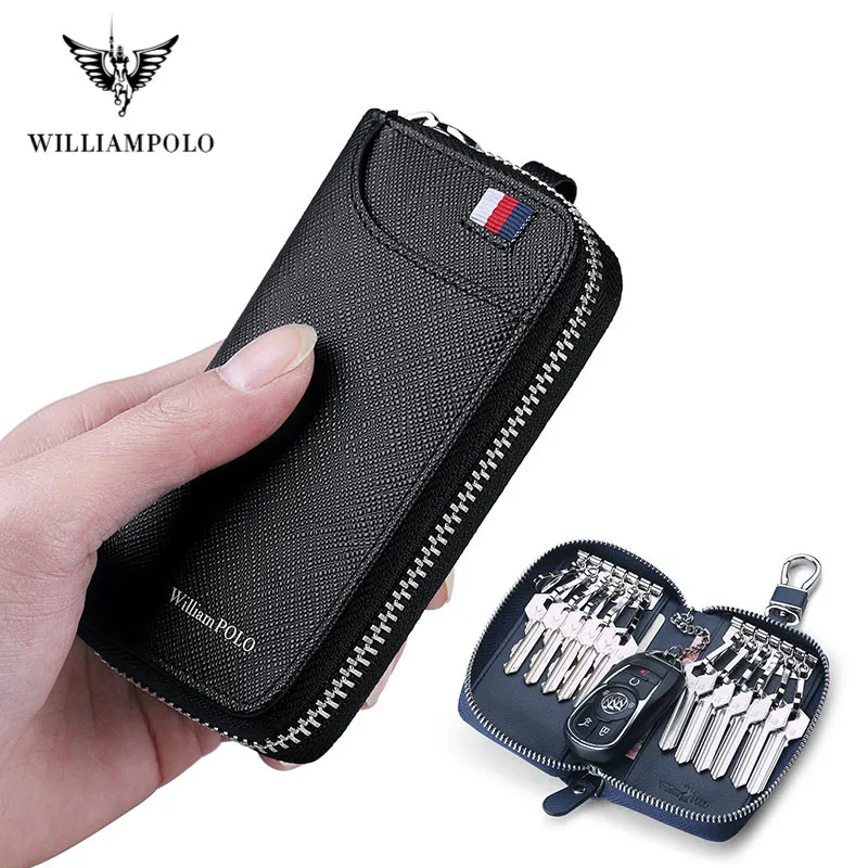 

WILLIAMPOLO Genuine Leather Keychain Men Key Holder Organizer Pouch Cow Split Car Key Wallet Housekeeper Key Case Mini Card Bag