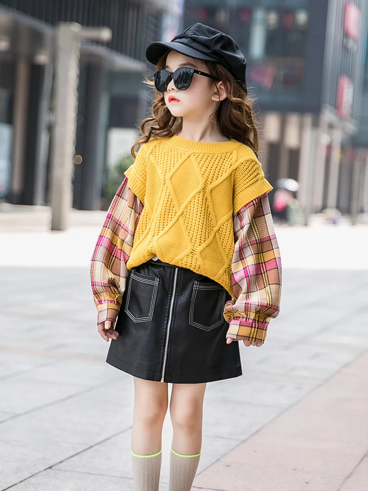 2019 г. свитер-кардиган для девочек осенний вязаный кардиган в клетку маленьких