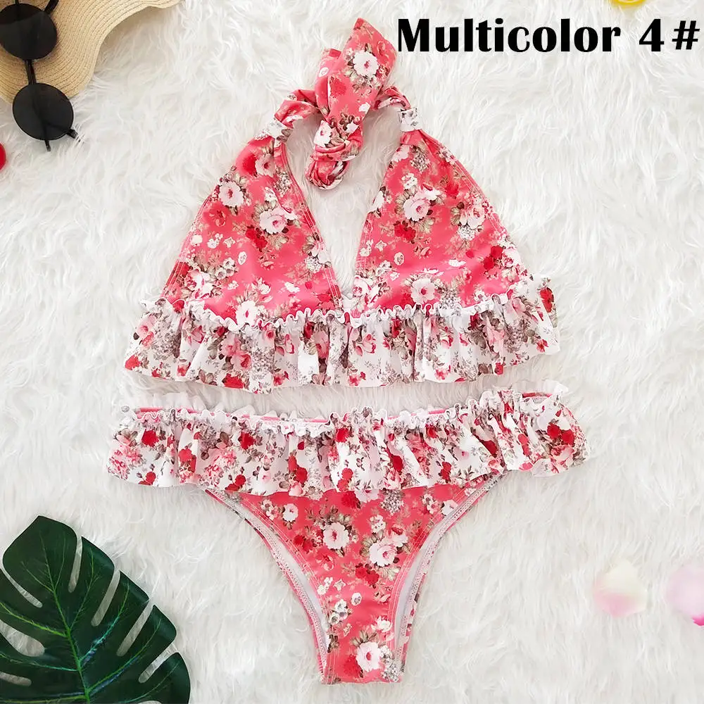 Multicolor 4 Цветочный купальник с бретелькой через шею, сексуальный, бикини для женщин, гофрированный купальник-бикини треугольной формы с v-образным вырезом, купальный костюм, пляжная одежда с открытой спиной, бикини - Цвет: Multicolor 4