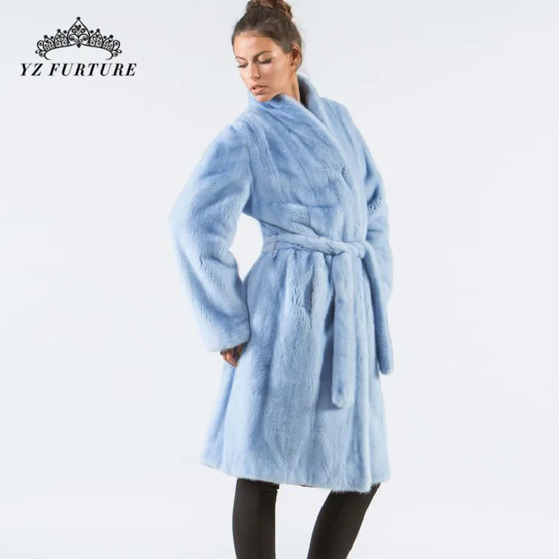 Женская Шуба с поясом теплая шуба небесно голубого цвета из натурального меха