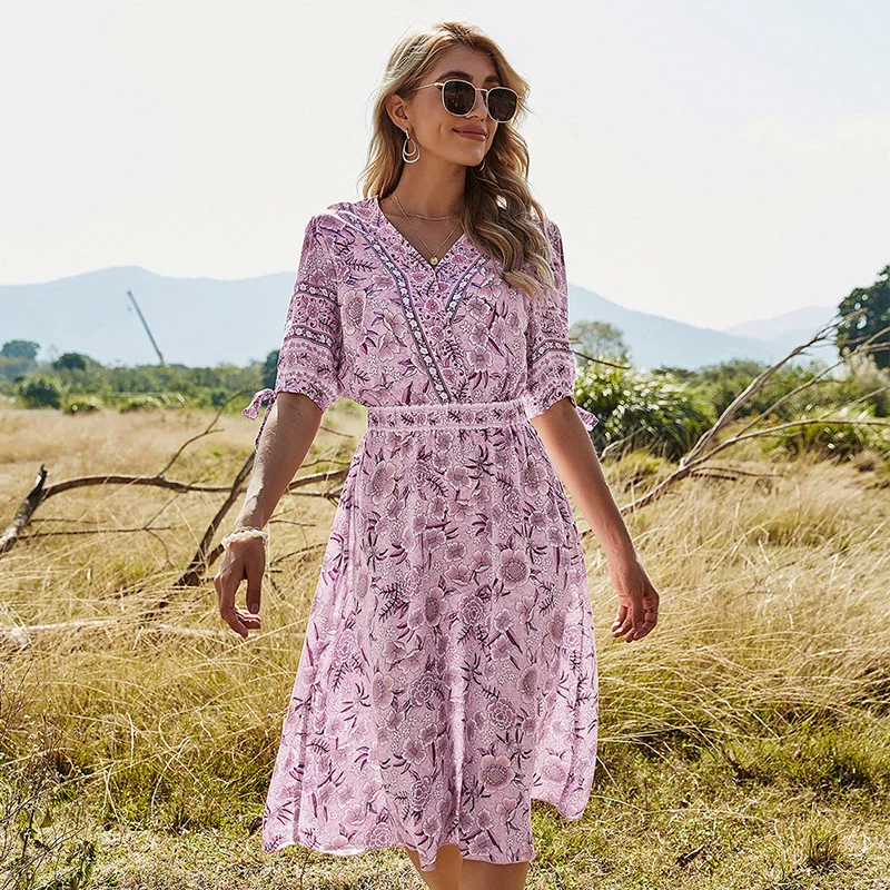 

2021 Spring New Print Dress Women Casual V Neck High Waist Half Sleeve Floral Dress for Women Holiday Style Summer Dress