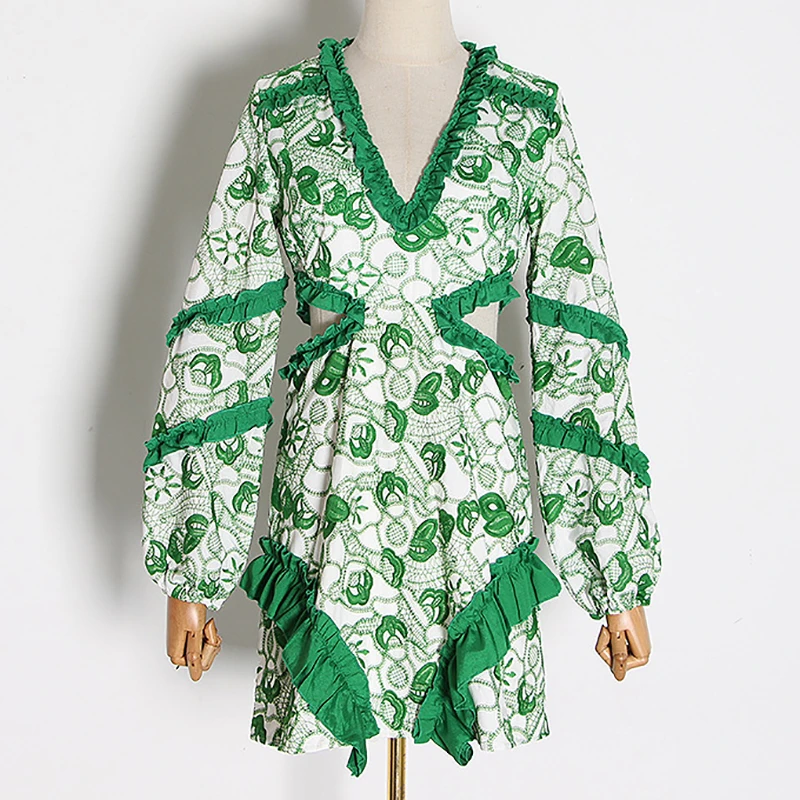 

SeeBeautiful New Fashion Spring 2021 Embroidery Ruffles Stitching Sexy V-neck Long Lantern Sleeve Hollow A-line Dress Woman Q960