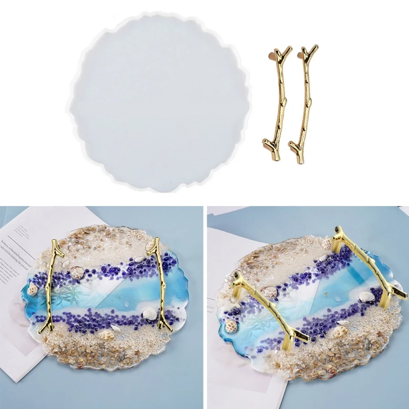 

Irregular Round Silicone Resin Tray Mold with 2 Pcs Gold Handles Fruit Geode Platter Molds Resin Faux Agate Tray Molds
