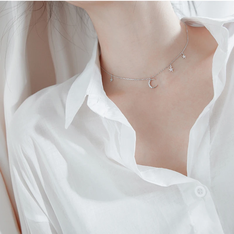 Женский чокер из серебра 925 пробы со звездами и Луной|Ожерелья| |