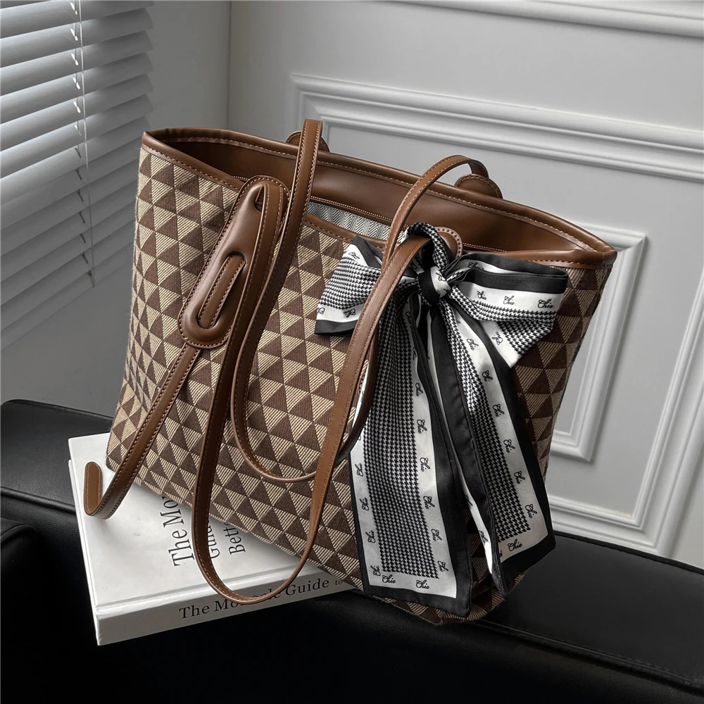 

Stylish Ribbon Triangular Lattice Large Tote Shoulder Bags For Women Brand Designer Plaid Shopper Work Ladies Handbags