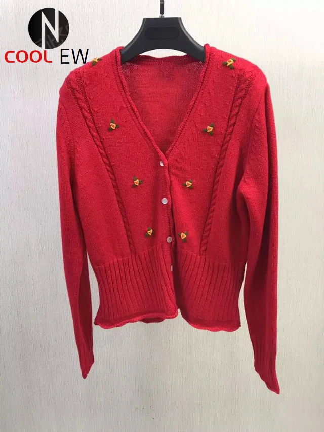 

Elfbop Women 100% Wool V Neck Knitting Sweater Cardigan Features Embroidery Detail - Ladies White/Red Knitted Sweater Top