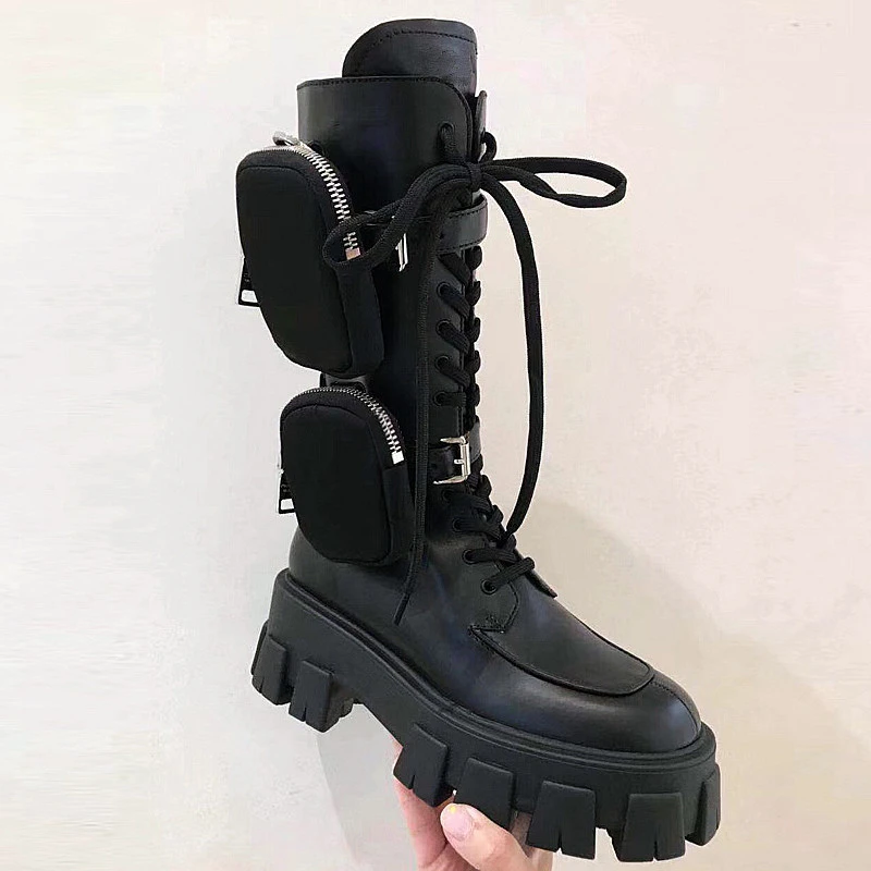 Online Baru Kantong Motor Boots Wanita Round Toe Tebal Bawah Tumit Wanita Renda Pertengahan Betis Boots Musim Dingin Pasang Kaos Mujer