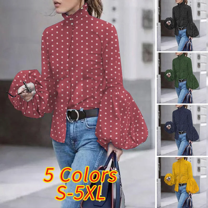 

Elegant Shirts Vintage Polka Dot Printed Blouses VONDA 2021 Women Casual Lapel Tops Long Sleeve Women Tunic Tops Blusas S-5XL