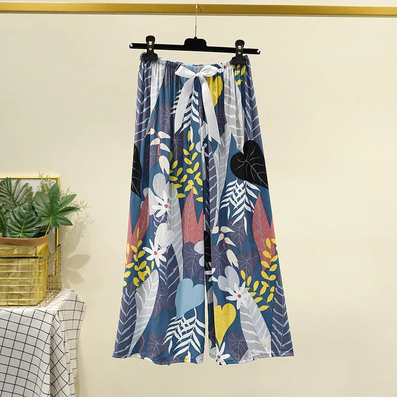 

Summer Women Sleep Bottoms Blue Print Sleepwear Elastic Waist Pajamas Femme Wide Leg Pants Casual Trousers Viscose Home Pants