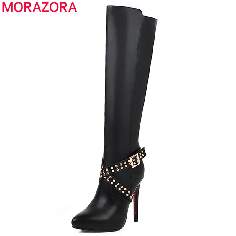 Женские сапоги с острым носком MORAZORA черные вечерние поги до колена пряжкой