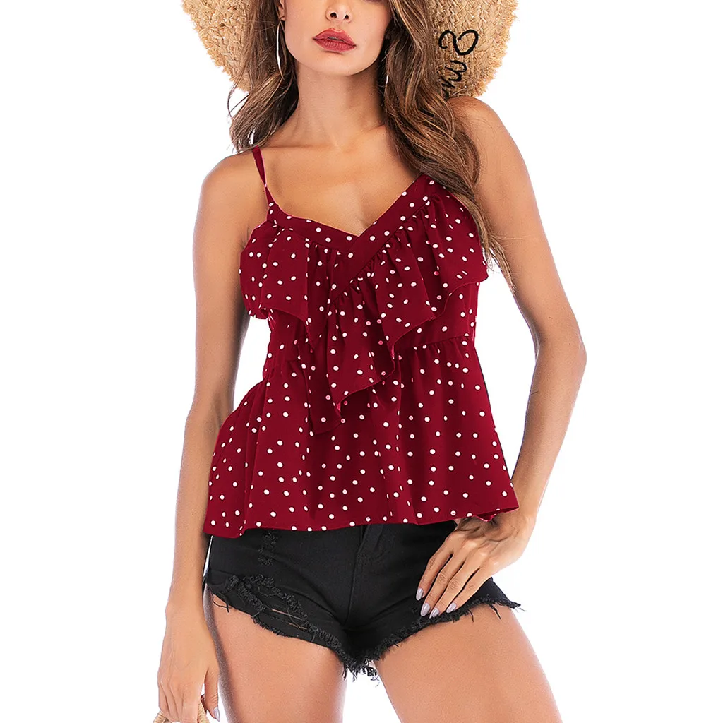 Модные топы в горошек с оборками на бретельках повседневные летние женские