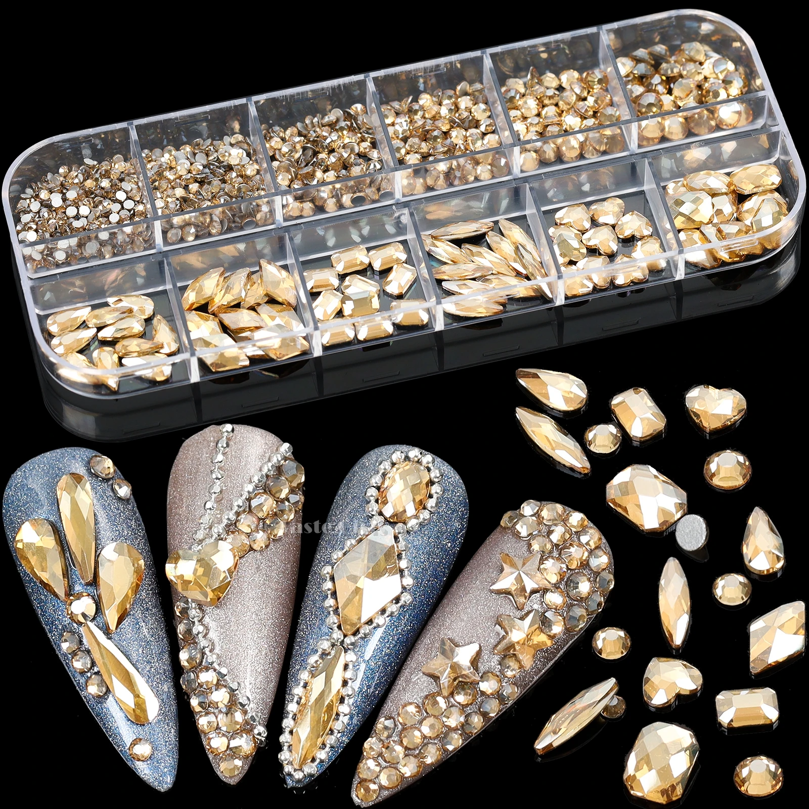 

560PCS/Box Multi-shaped Mix SS6-SS20 3D Round Champagne Flatback Glitter Diamond Jewel Nail Art Rhinestones Manicure DIY Charms
