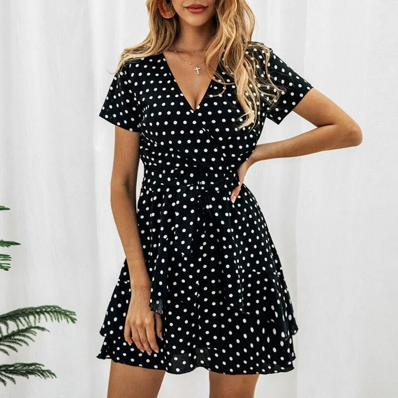 

Summer Women Vestido Polka Dot V Neck Party Sundress Sleeveless 2020 Streetwear Boho Straps Beach Ruffles Short Mini Dress