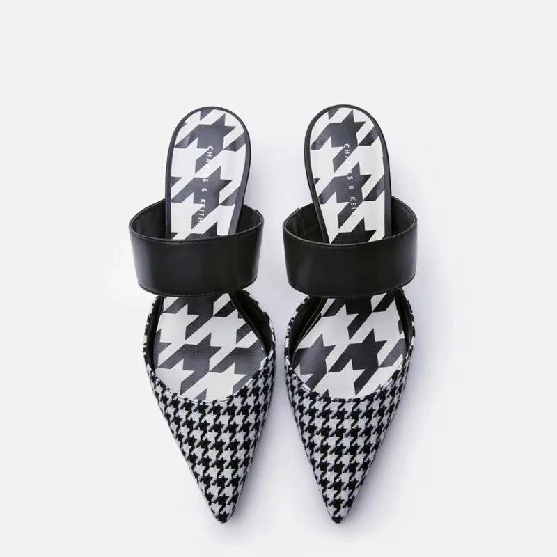

Pointed Pumps Plaid Chunky Heel Mules