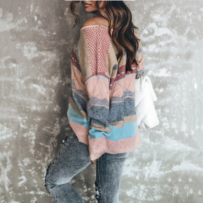 

Fashion Women Casual Loose Shirts Hollow Out Color Matchign Design V-Neck Long Sleeve Blouse 2020 Spring Autumn Pullovers Tops