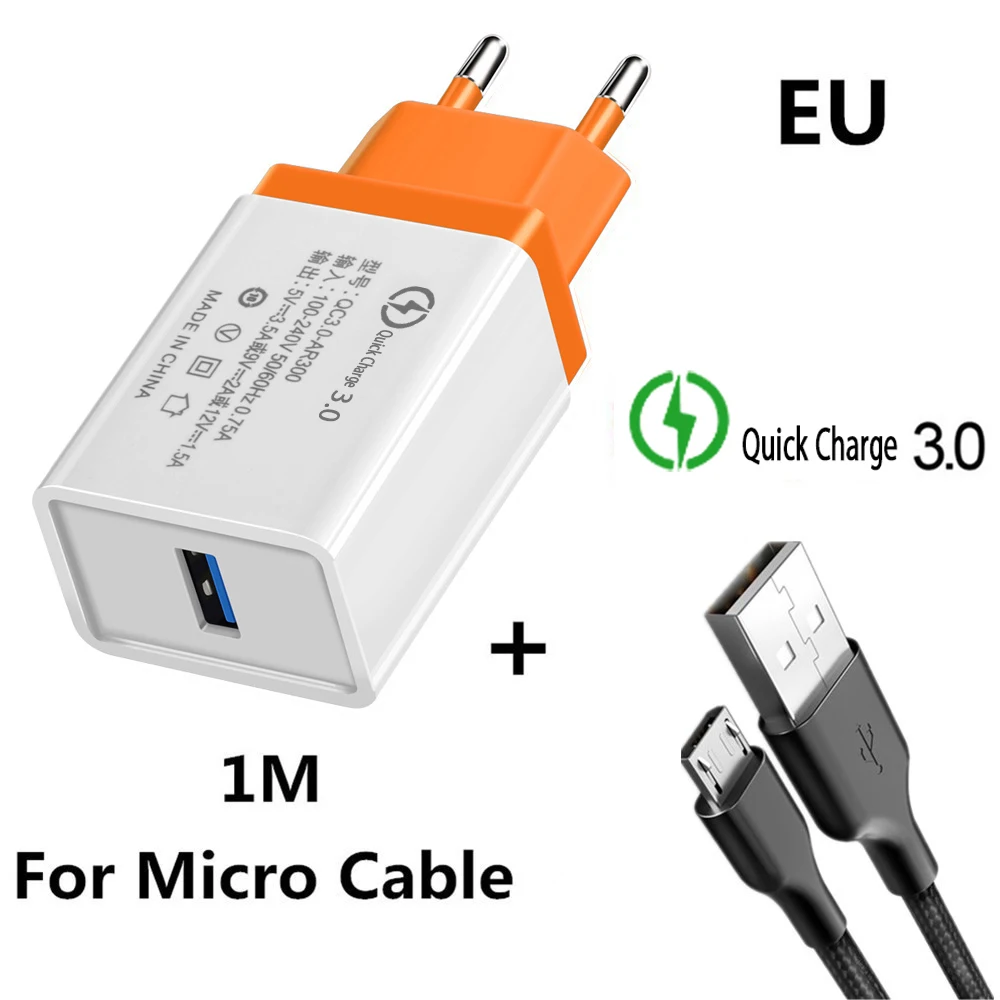 18 Вт ЕС/США Быстрая зарядка QC 3,0 USB телефонный кабель для зарядного устройства быстрое зарядное устройство настенное зарядное устройство для samsung Xiaomi huawei Android микро-кабели