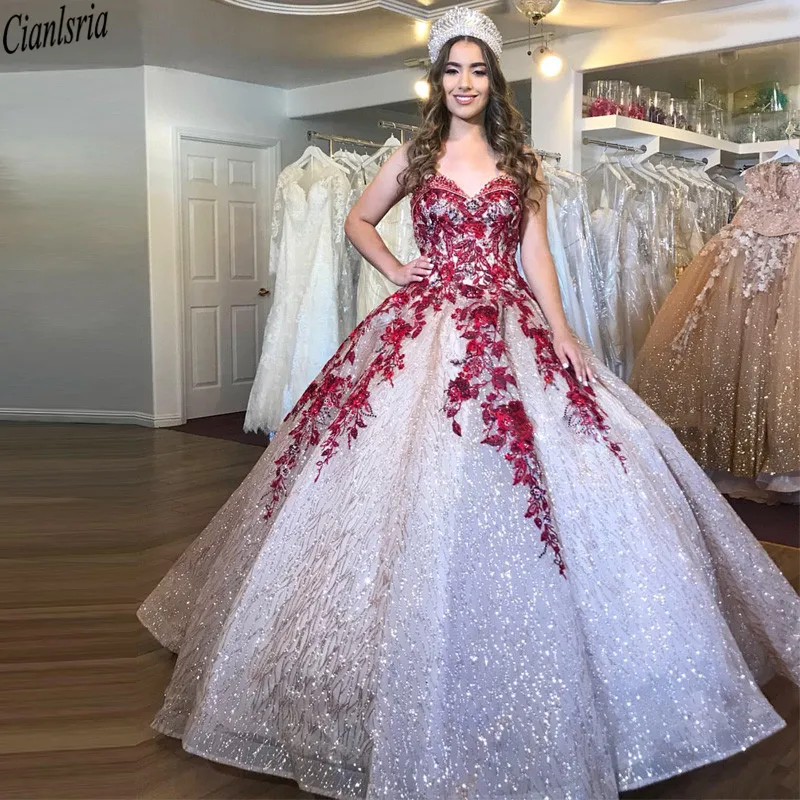 

Bling Bling Sequin Ball Gown Quinceanera Dresses Sweetheart Red Lace Appliques Beaded Sweet 15 Dress Corset Back Pageant Gown